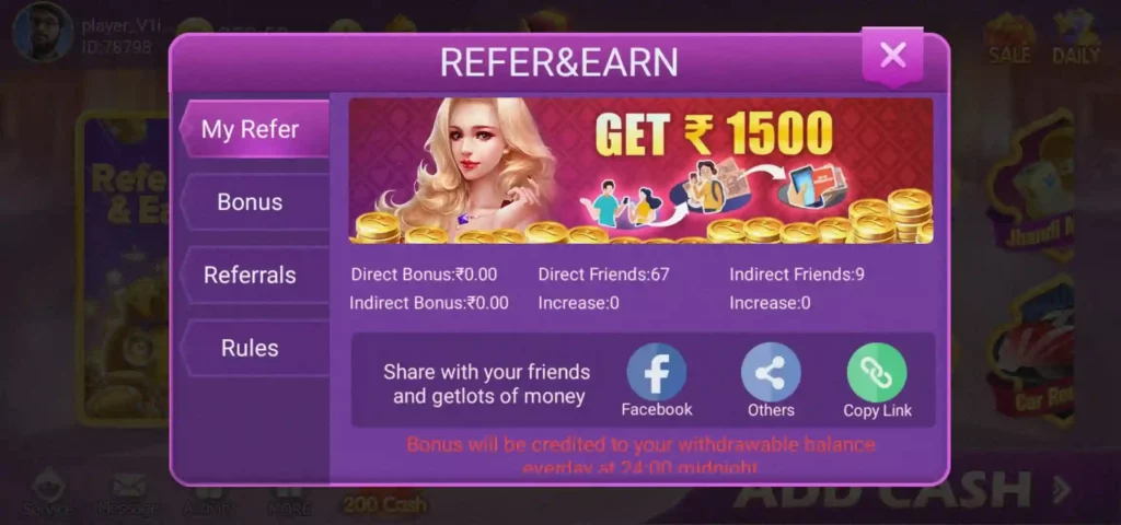 refer & earn bonus in rummy baba apk