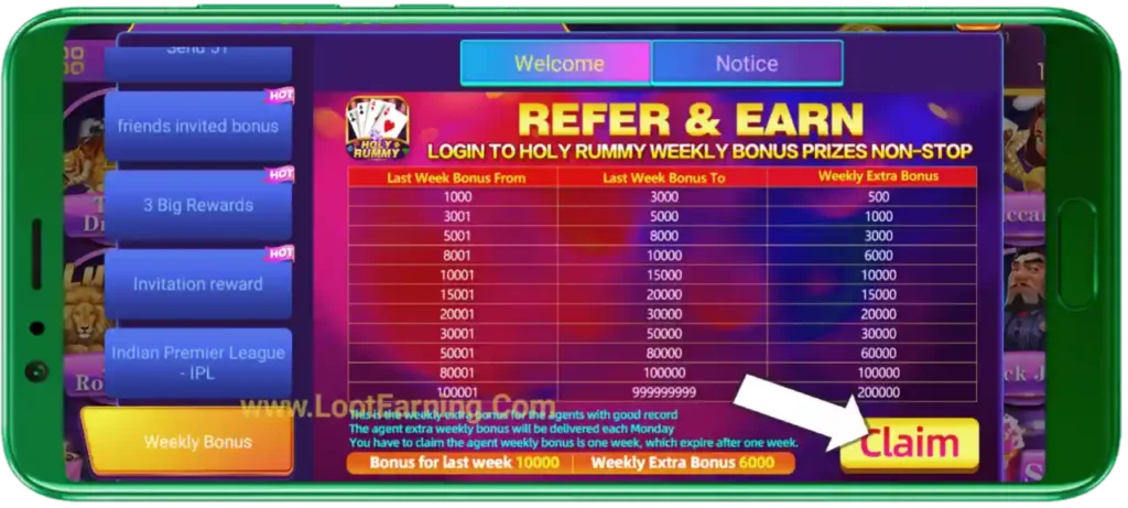 Holy Rummy Refer & Earn Weekly Bonus