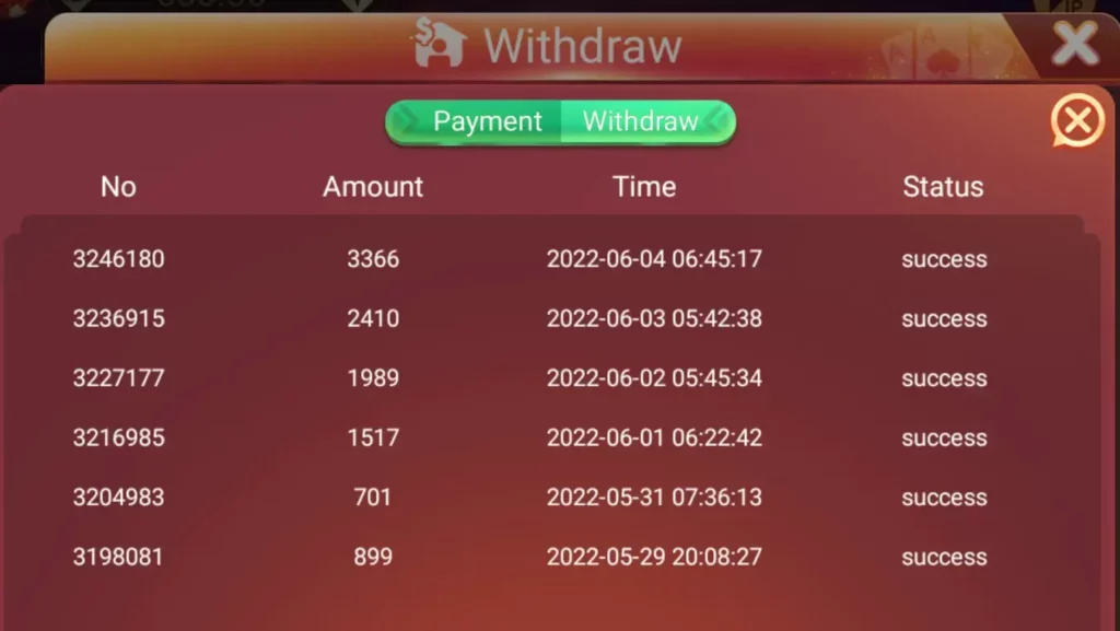 Yes Rummy APK list payment proof