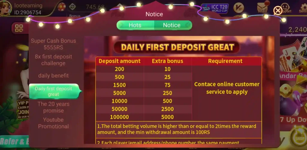 Rummy Yes APK Daily First Deposit